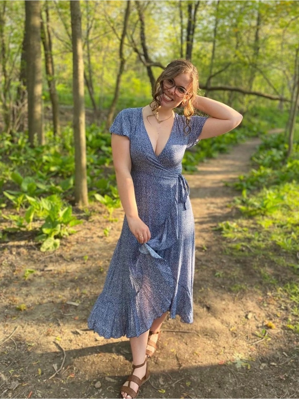 Blue Floral Wrap Midi Dress with Tie Waist